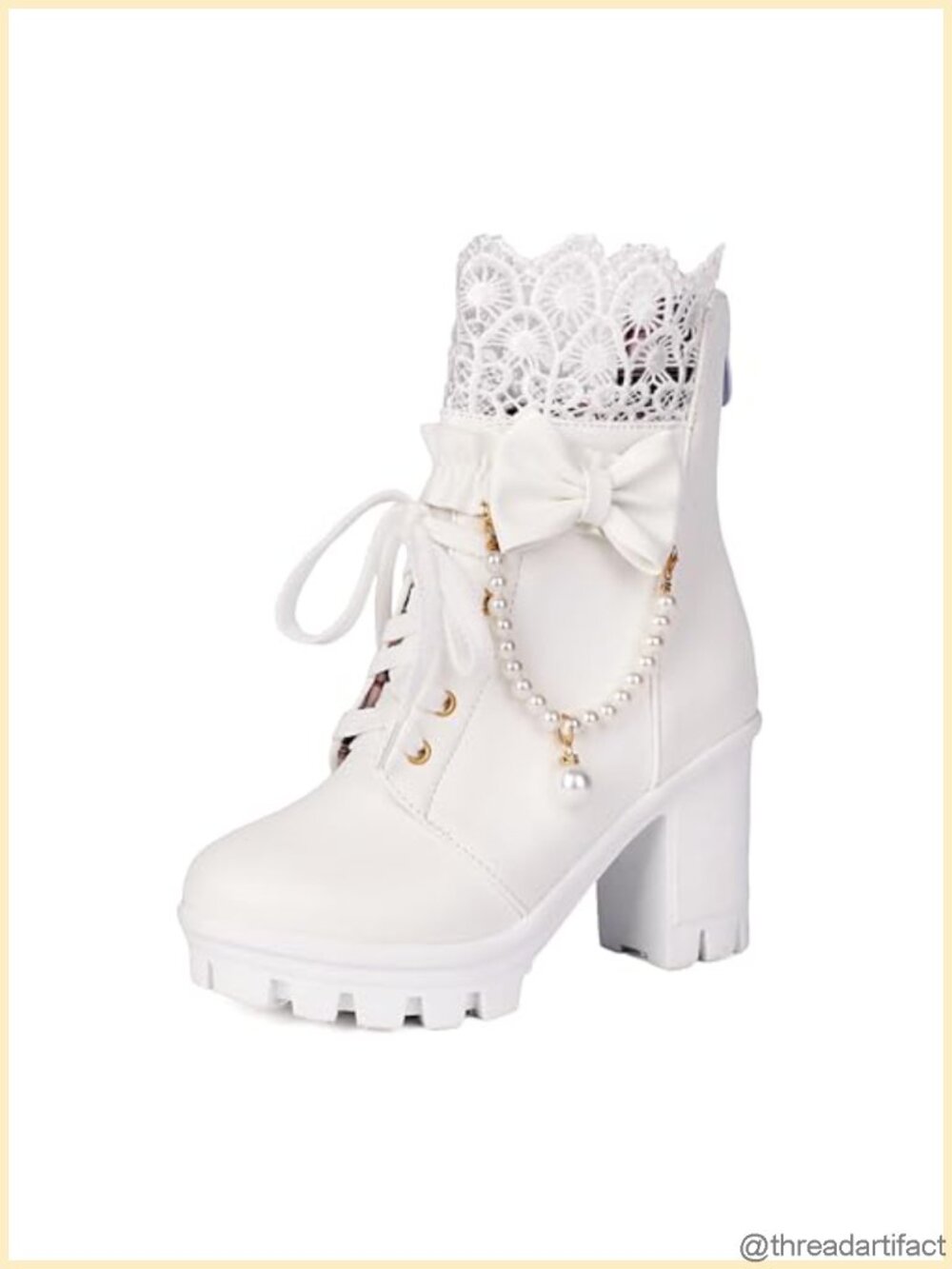 Womens Platform Ankle Boots Faux Leather Lace Pearl Goth Booties